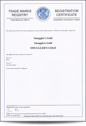 Smugglers Gold Trade Mark Certificate